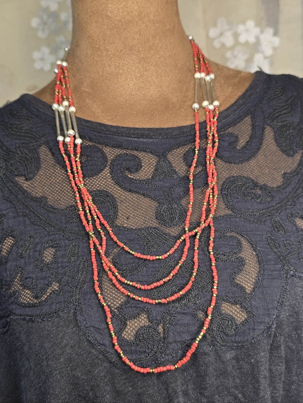 🏵 Multi-Strand Red Coral & Gold Seed Beaded Faux Pearl Necklace -Vintage Native